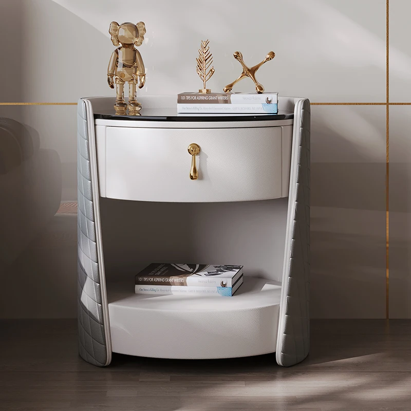 

Louis Fashion Ltalian Style Bedside Cabinet Designer Round Light Luxury Solid Wood Storage Leather High-end Small Cabine