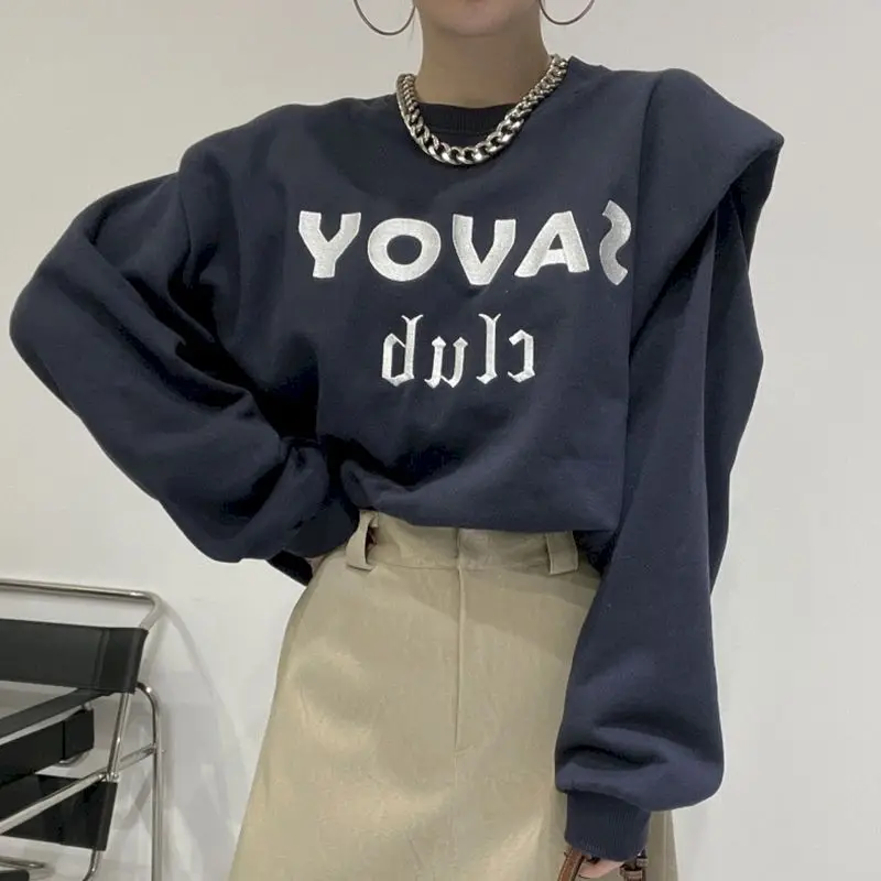 

Korea Autumn Winter Retro Embroidery Pullover Fake Two-piece Women Loose Wild Plus Womens Trend Velvet Thick Sweatshirt