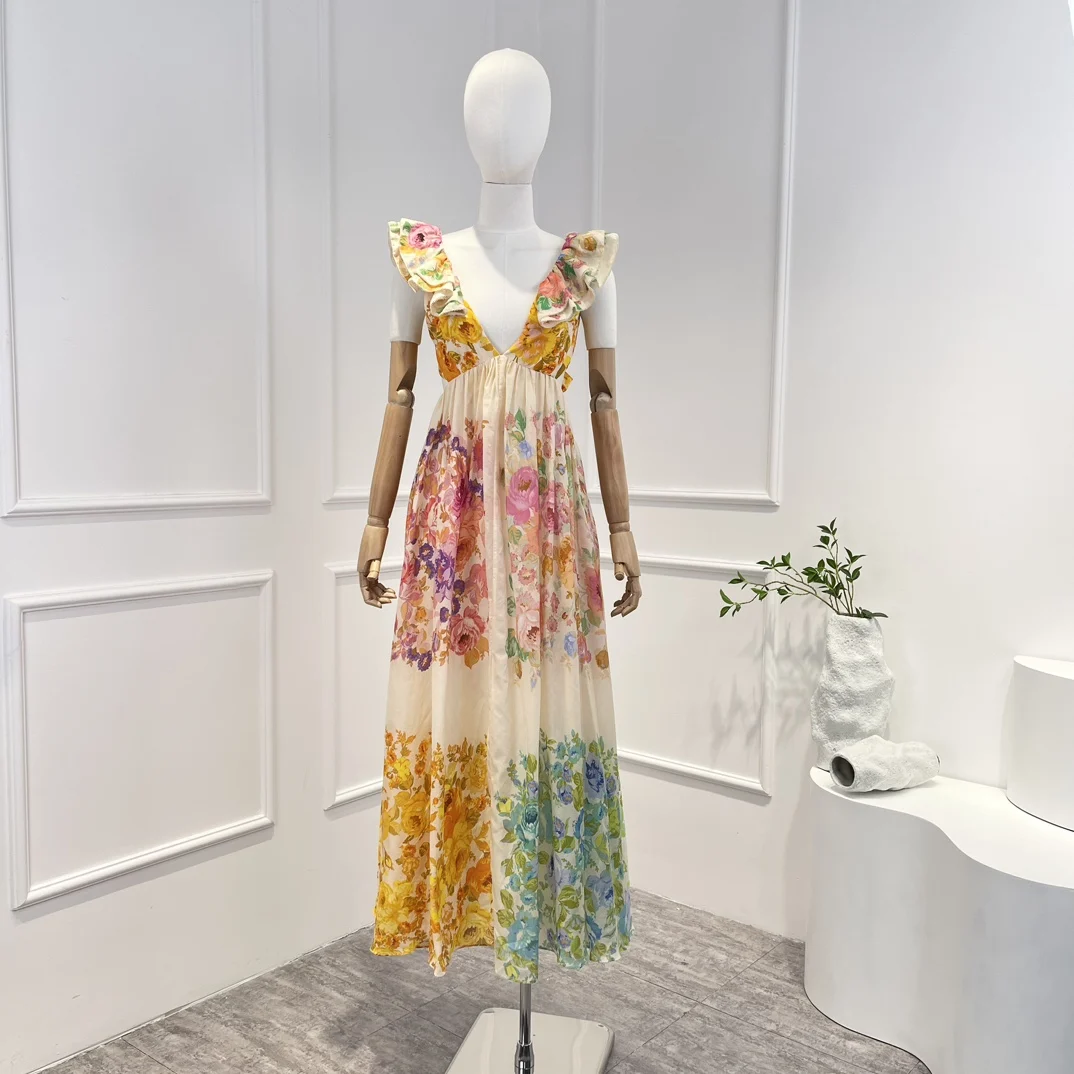 

New High Quality 2023 Spring Summer Vintage Ruffles Edge V-neck Backless Floral Printing Woman Midi Dress