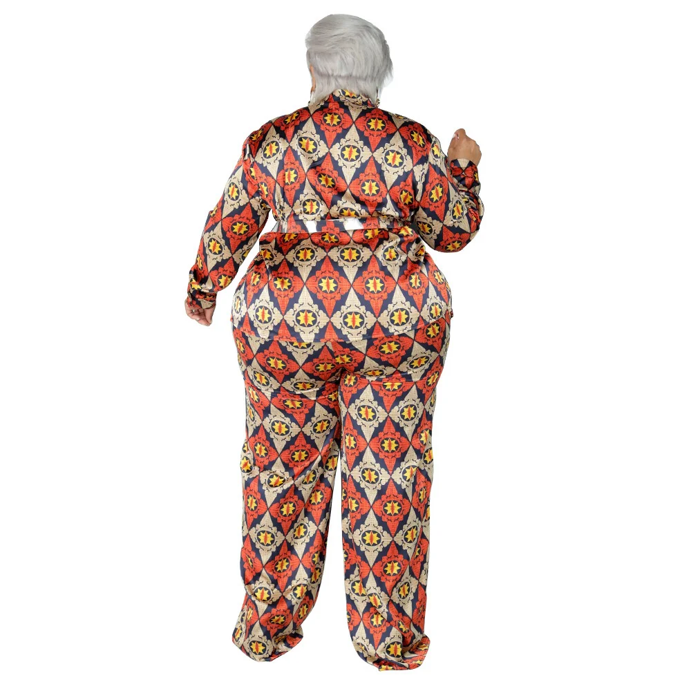 Two-piece Sets Plus Size Women Printed Cardigan Long-sleeved Tops Loose Pants Suit Fashion Print Casual Outfit Large Size Female