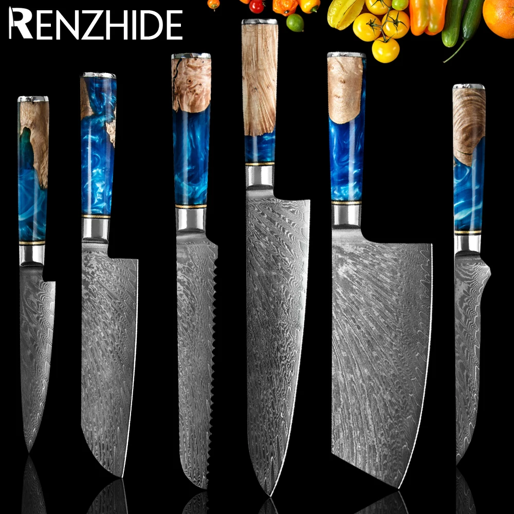 

RZD Damascus Steel VG10 Chef Knife 1-6PCS Set Japanese Cooking Santoku Cleaver Utility Knife Tool Blue Resin Color Wood Handle