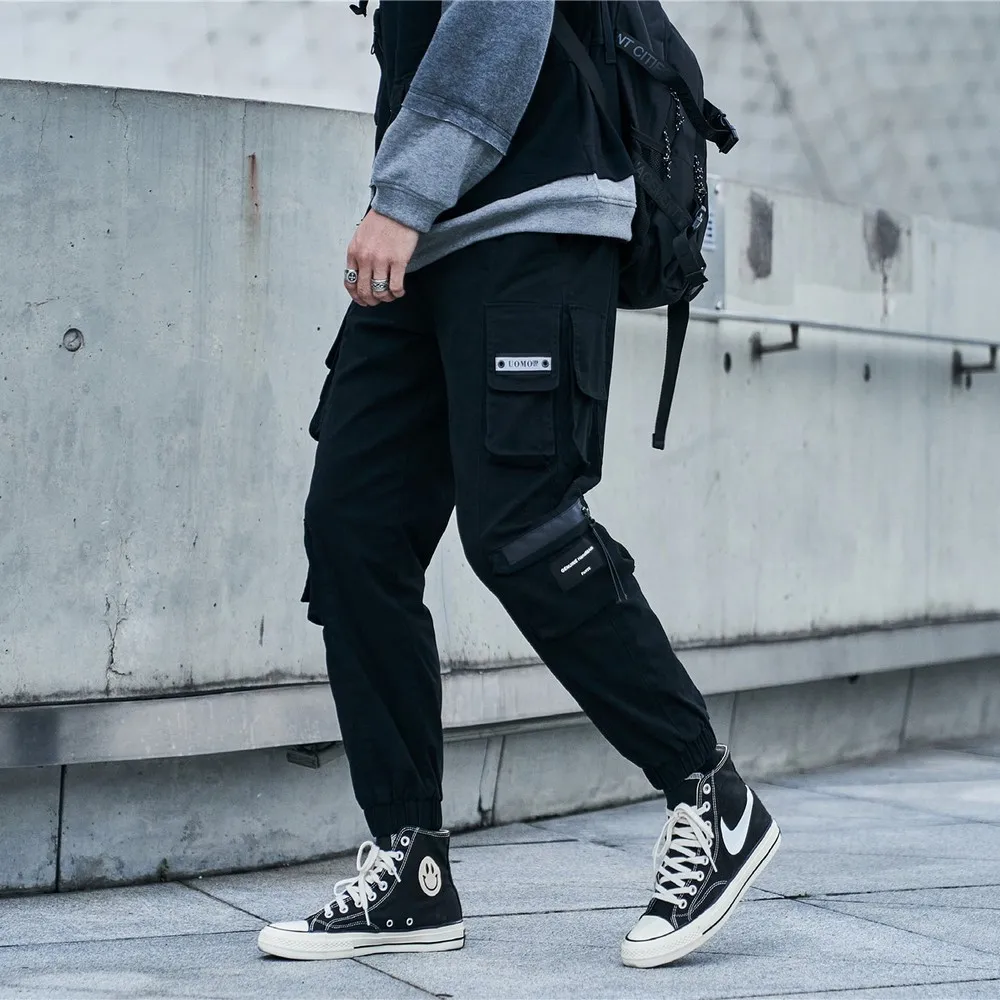 

Men's Elastic Drawstring Y2k Cargo Pants Black Street Pants with Pockets Men Clothing Casual Streetwear 2022 Winter Fashion
