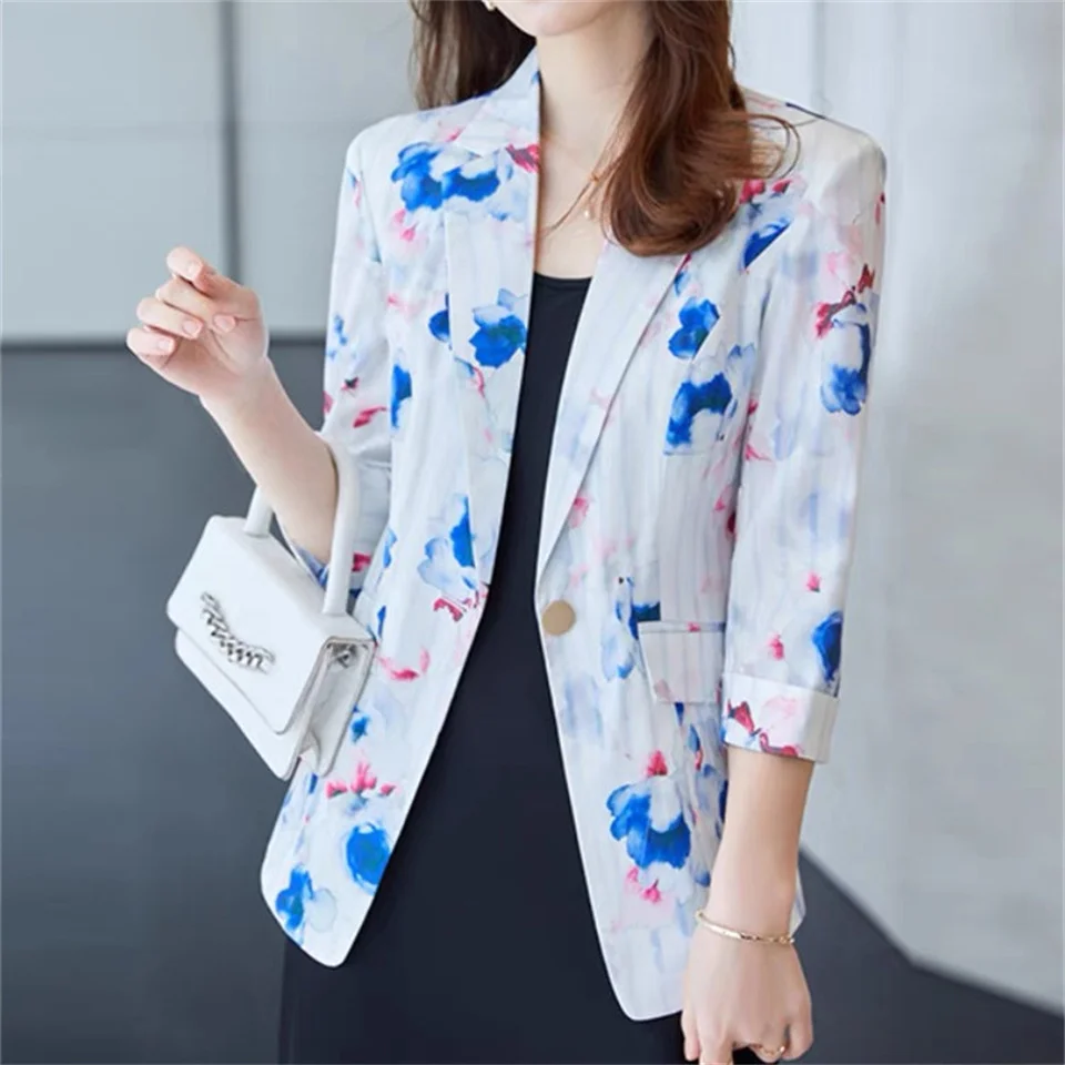 

Spring Summer Satin Floral Printed Blazers Women Casual Slim Short Business Female Blazer Korea Fashion Coat Blazers Ladies