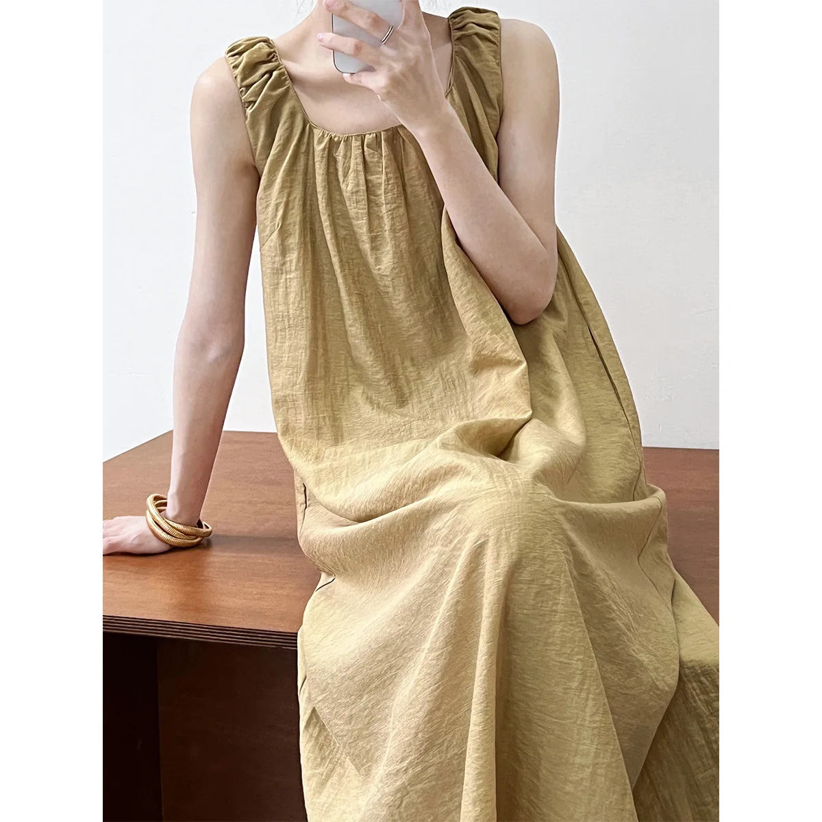 

Lazy French Square Neck Slip Dress Korean Style Slim Sleeveless Dress with Shoulder Strap for Female Summer