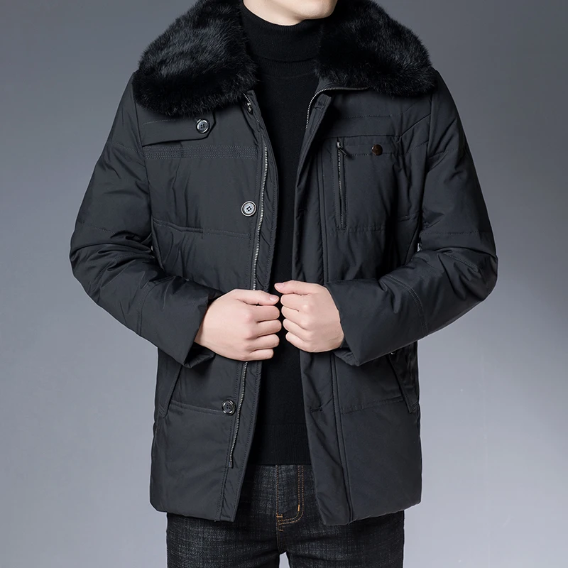 Winter Men Khaki Black Puffer Jackets With Fur Collar Thick Thermal Puff Basic Coat Male Warm Quilted Overcoat Padded Outerwear