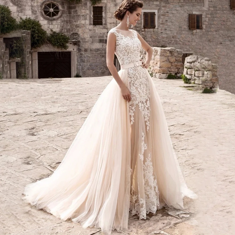 

Detachable Train Bridal Dresses 2022 O-Neck Backless Short Sleeves Wedding Dresses Vintage Lace Appliques Sashes Bridal Gowns