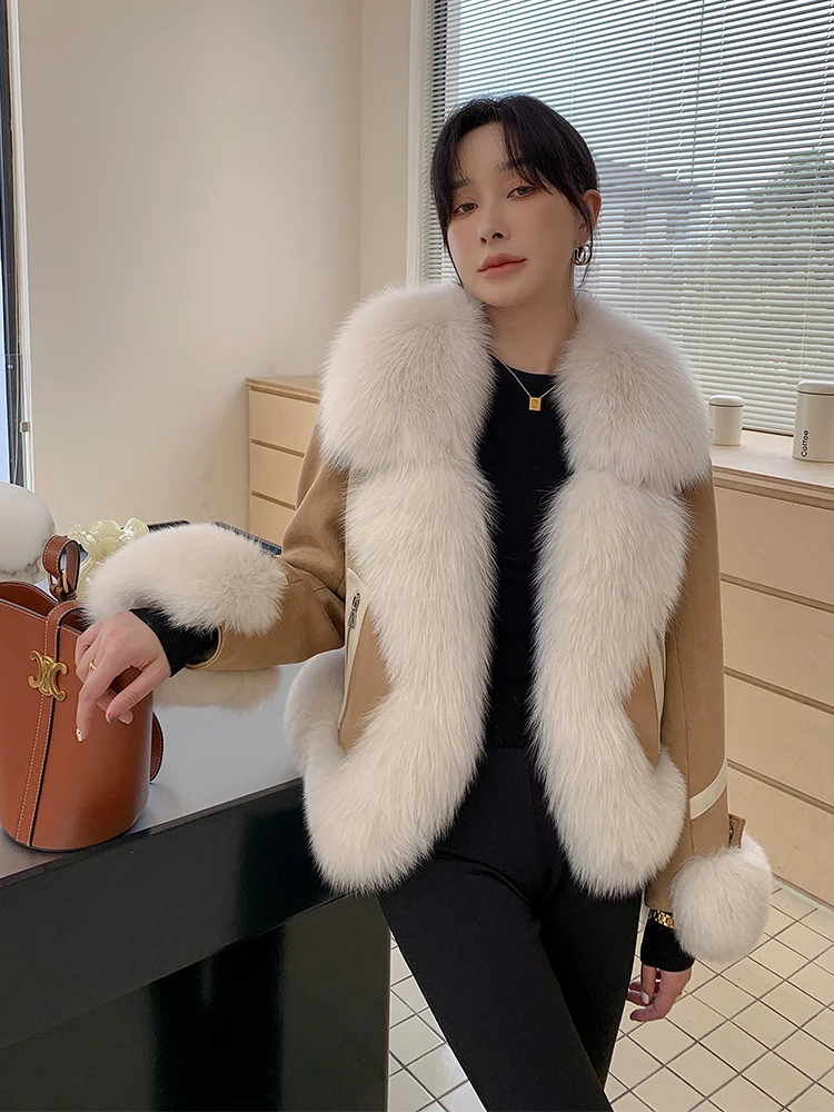 Enlarge White Down Coats Woman Winter 2022 High Quality Real Fox Fur Stitching Double-sided Single Breasted Women Jackets Parker