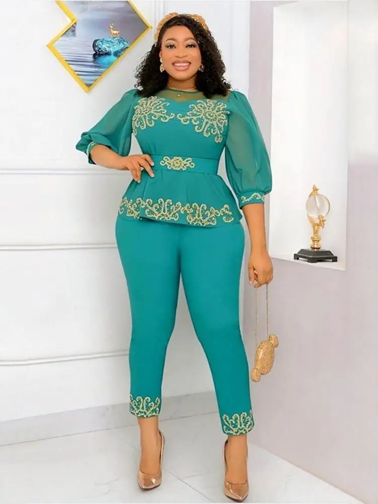 Office Suits for Women Two Pieces Lady Puff Sleeve Top and Pants Set Fashion Elegant Plus Size Sets Wholesale Bulk Dropshipping