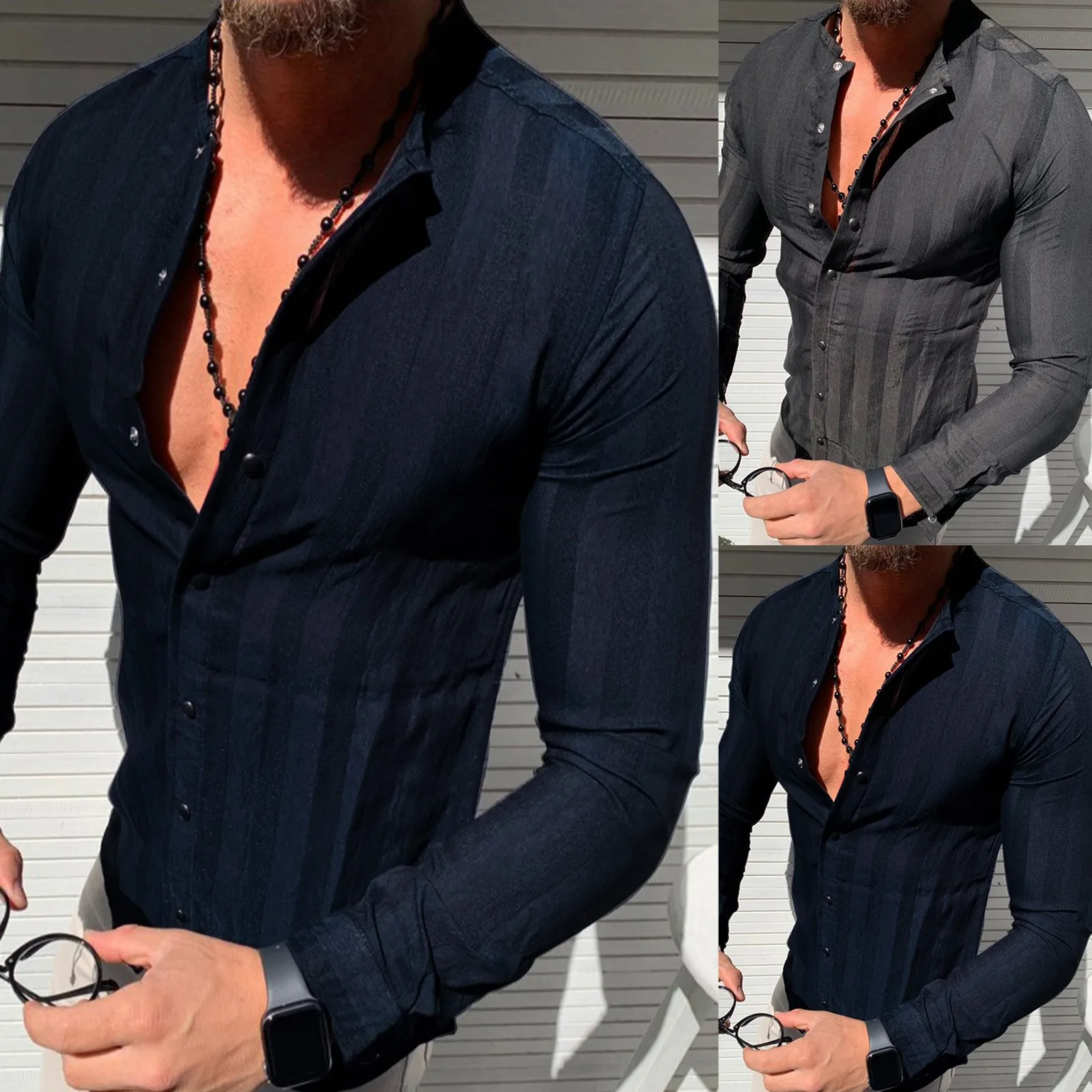 

Мужской Свободный Полосатый кардиган с воротником-стойкой и длинными рукавами, повседневная мужская рубашка на пуговицах с длинными рукав...