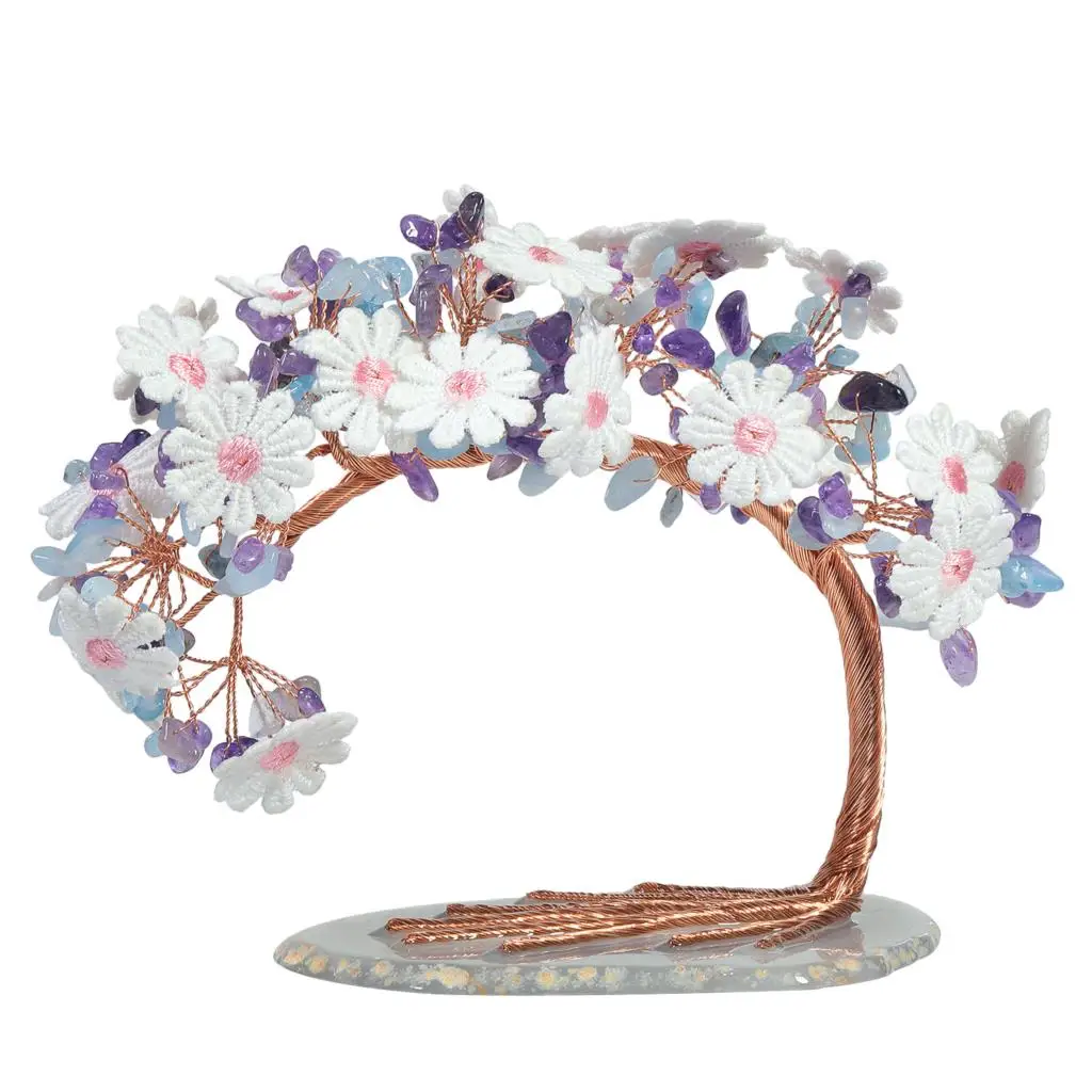 Natural Amethyst Crystal Stone Tree Embroidered Lace Flower Luck Money Tree With Agate Slice Base Desktop Decor Home Ornaments