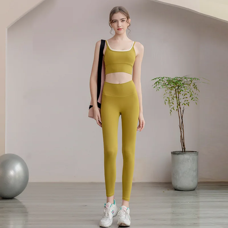 New Professional Fitness  Running Gather Styled Bra Yoga Suit Beautiful Back Contrast Sports Set Women