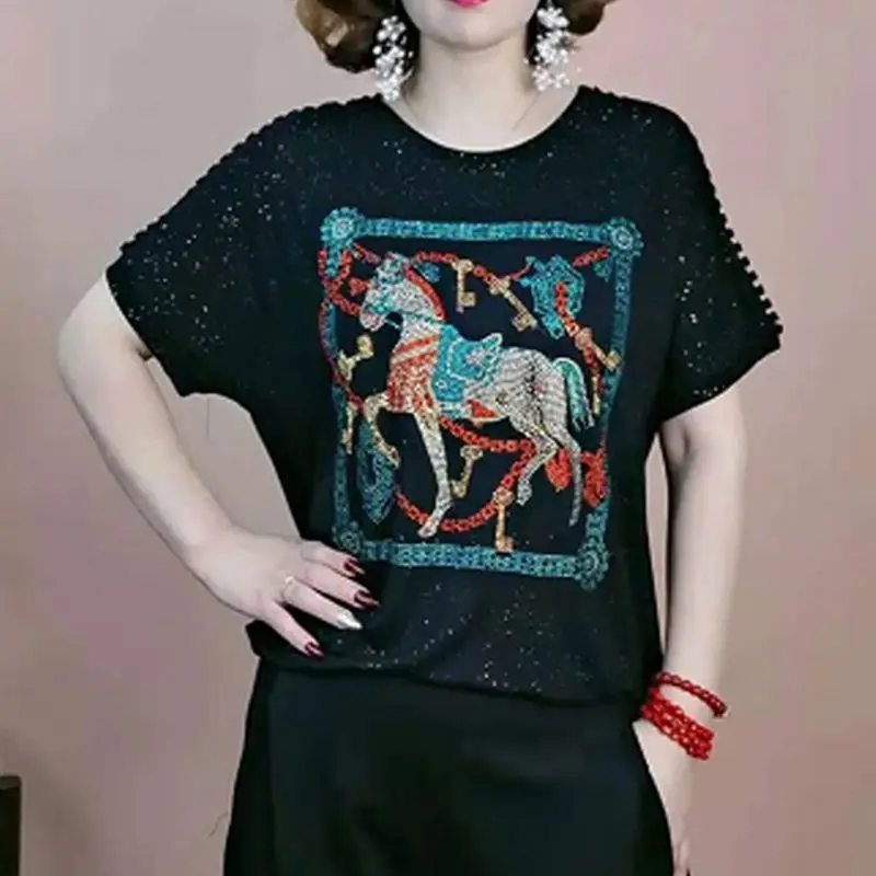 Женский пуловер с коротким рукавом и круглым вырезом Повседневная Свободная