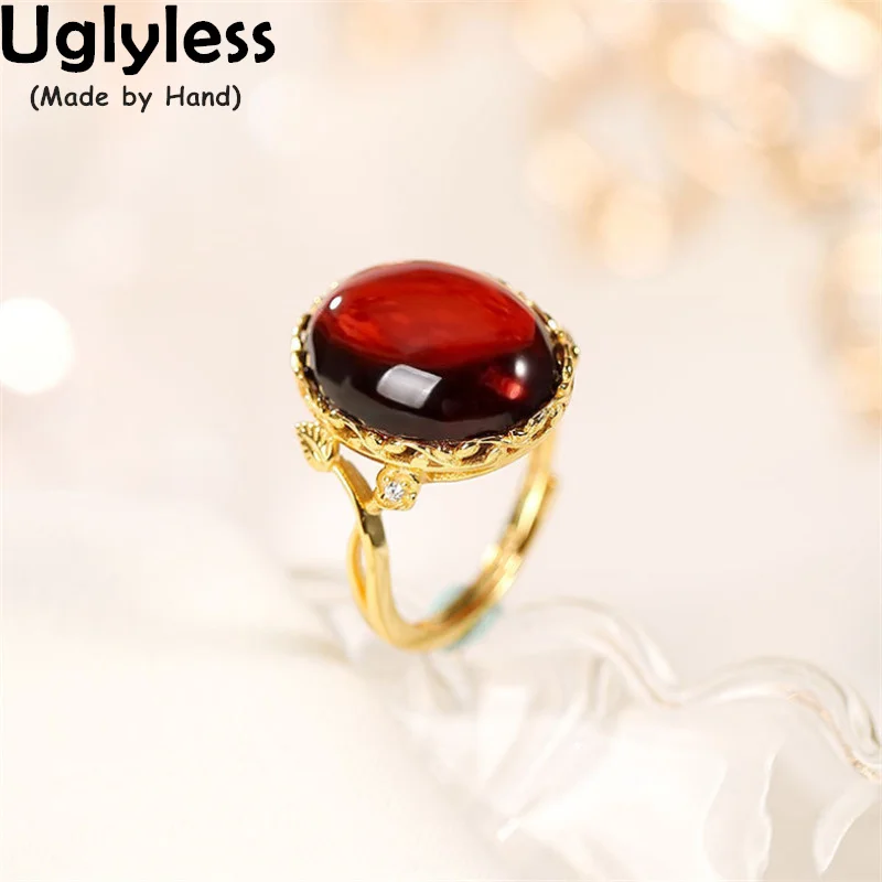 

Uglyless Nobel Natural Blood Amber Red Fine Jewelry for Women Luxury Gemstones Rings Gold Blank Amber Rings 925 Silver Bijoux