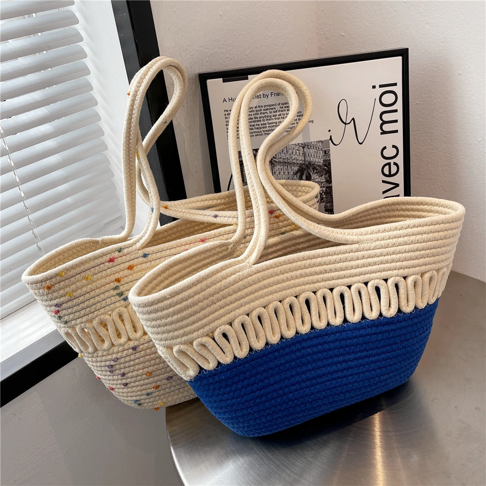 

Trendy Woven Cotton Thread Large Basket Tote Bags For Women 2022 Summer Brand Designer Handbags Female BeachTravel Shoulder Bags