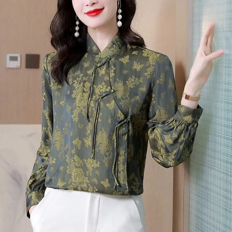 

2023 new chinese style jacquard cheongsam blouse long sleeves stand up collar women green blouse traditional tangsuits shirt