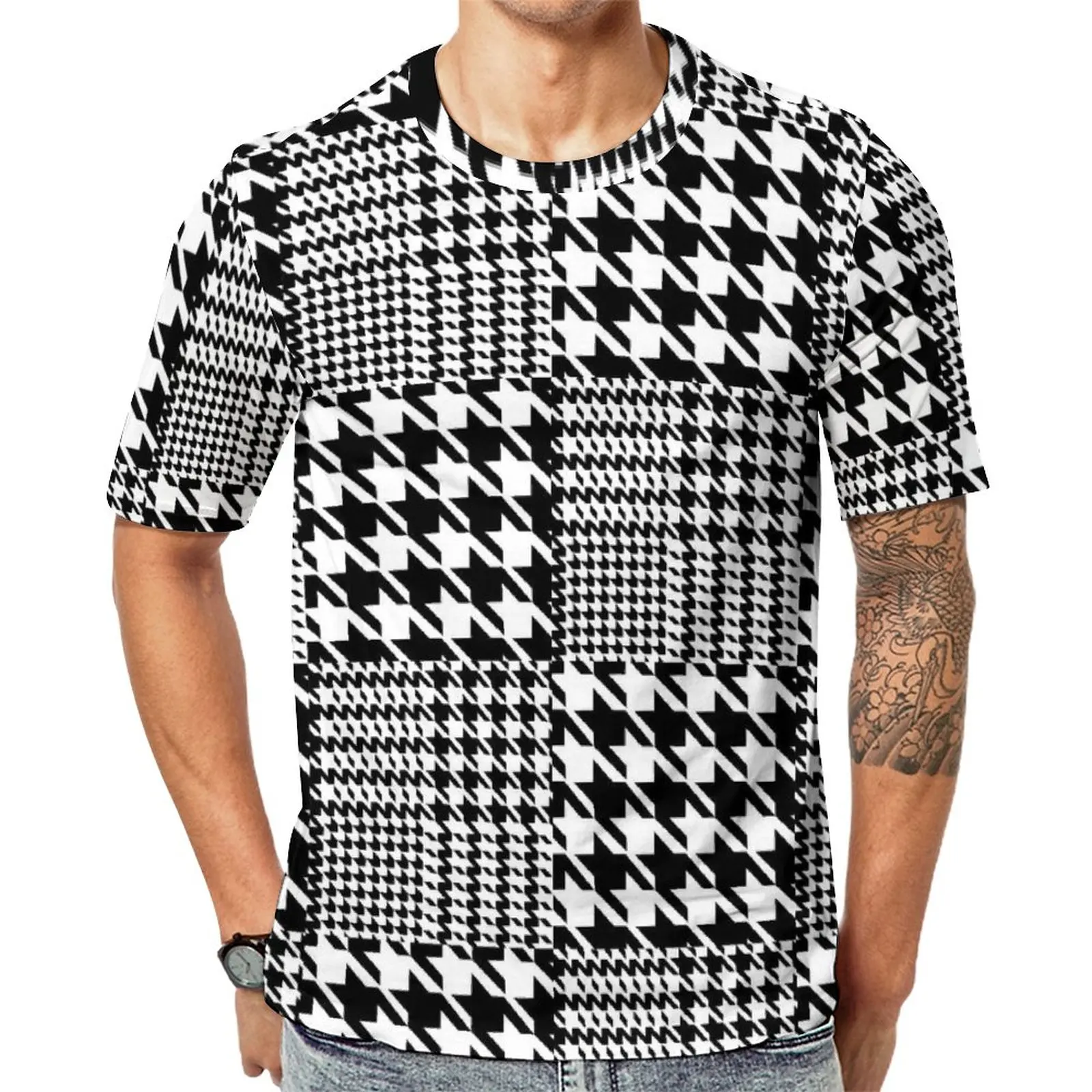 

Houndstooth Patchwork T-Shirt Black White Male Vintage T-Shirts Summer Pattern Tees Short Sleeve Streetwear Oversized Clothing