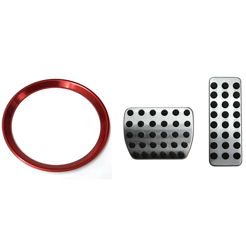 

1X Red Steering Wheel Center Logo Decoration Cover Ring Trim with Car Accelerator Pedal and Brake Pedal Pad
