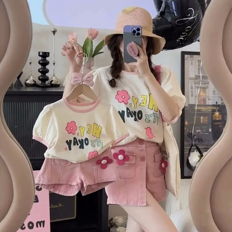 

Mom Daughter Summer 2 Piece Set Mother Daughter Equal T Shirts and Pink Skirts Women Two Piece Outfit Same Mom and Child Clothes