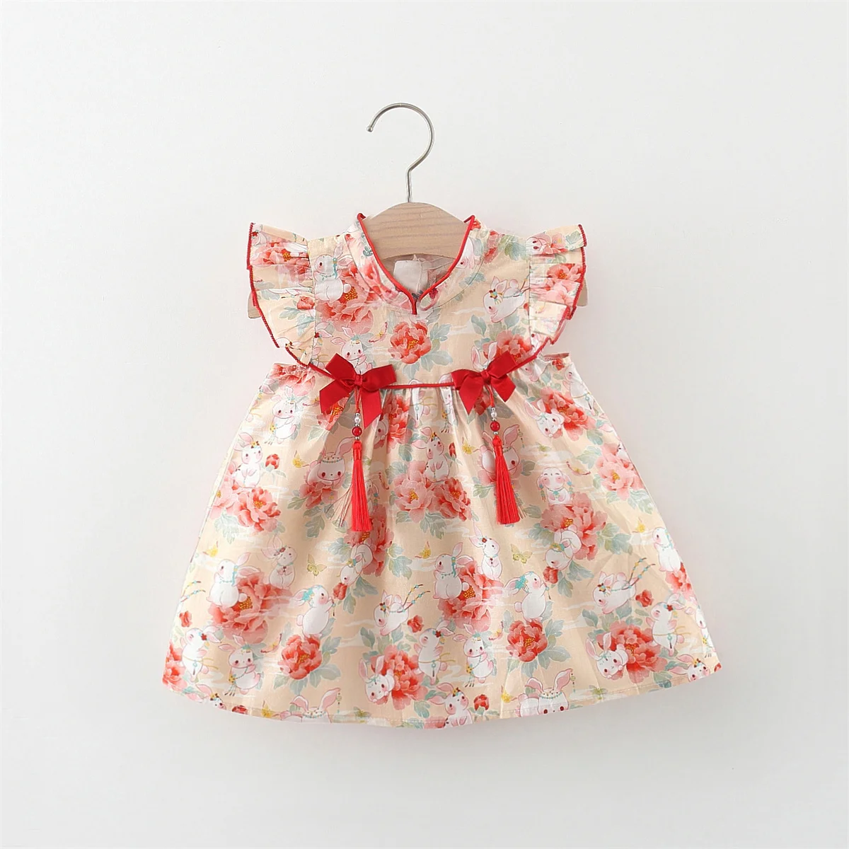 

Chinoiserie Girls' Dress New Summer Flower Bunny Tassel Flying Sleeve Loose Cheongsam Daily Knee Length Skirt