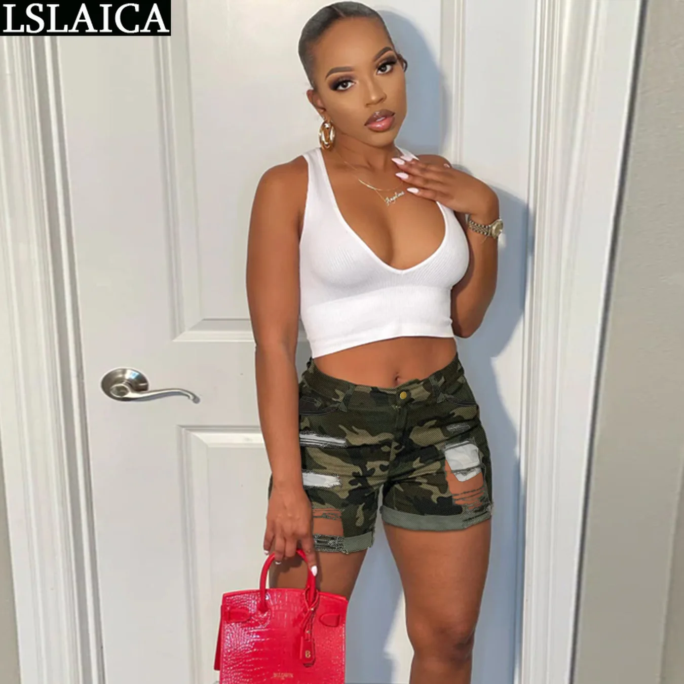 

Women's Shorts Denim with Pockets Camouflage Print Trendy Fashion High Waist Woman Shorts S-5XL Hole Design Hollow Out Sexy Pant