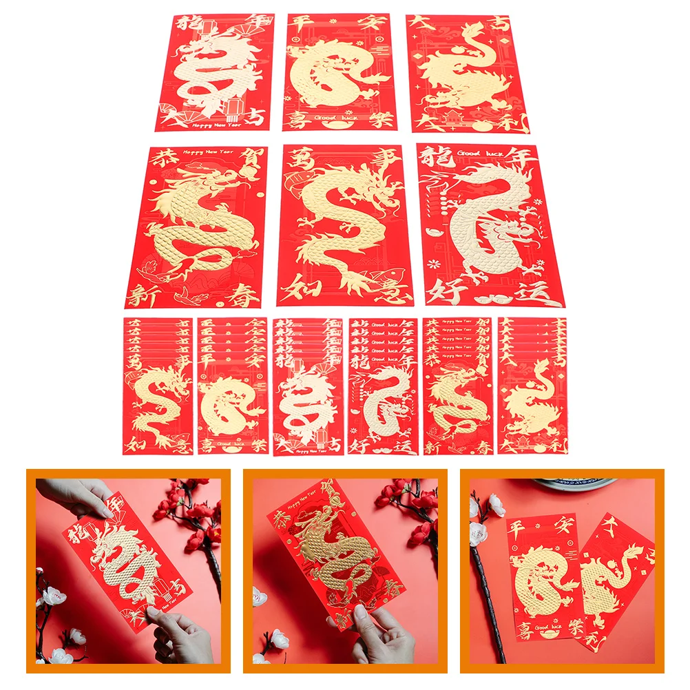 

Новогодний конверт с изображением дракона, бумажные красные пакеты, конверты для денег с узором, Подарочные наличные, традиционный Карманный, праздничный, весенний