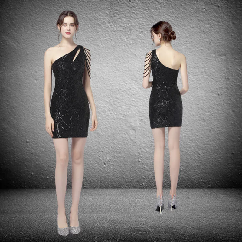 New Hot Selling Beads Vintage Silver Sequin Evening Dresss Women Sexy Bodycon Dress Short Party Prom Dress