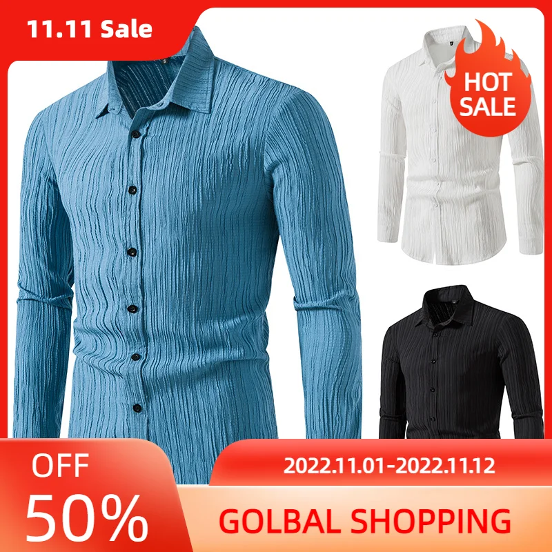 

LUCLESAM Men's Wavy Crinkled Shirts Cotton Linen Lapel Shirt 2022 Autumn Fashion Textured Button-Up Shirt for Men