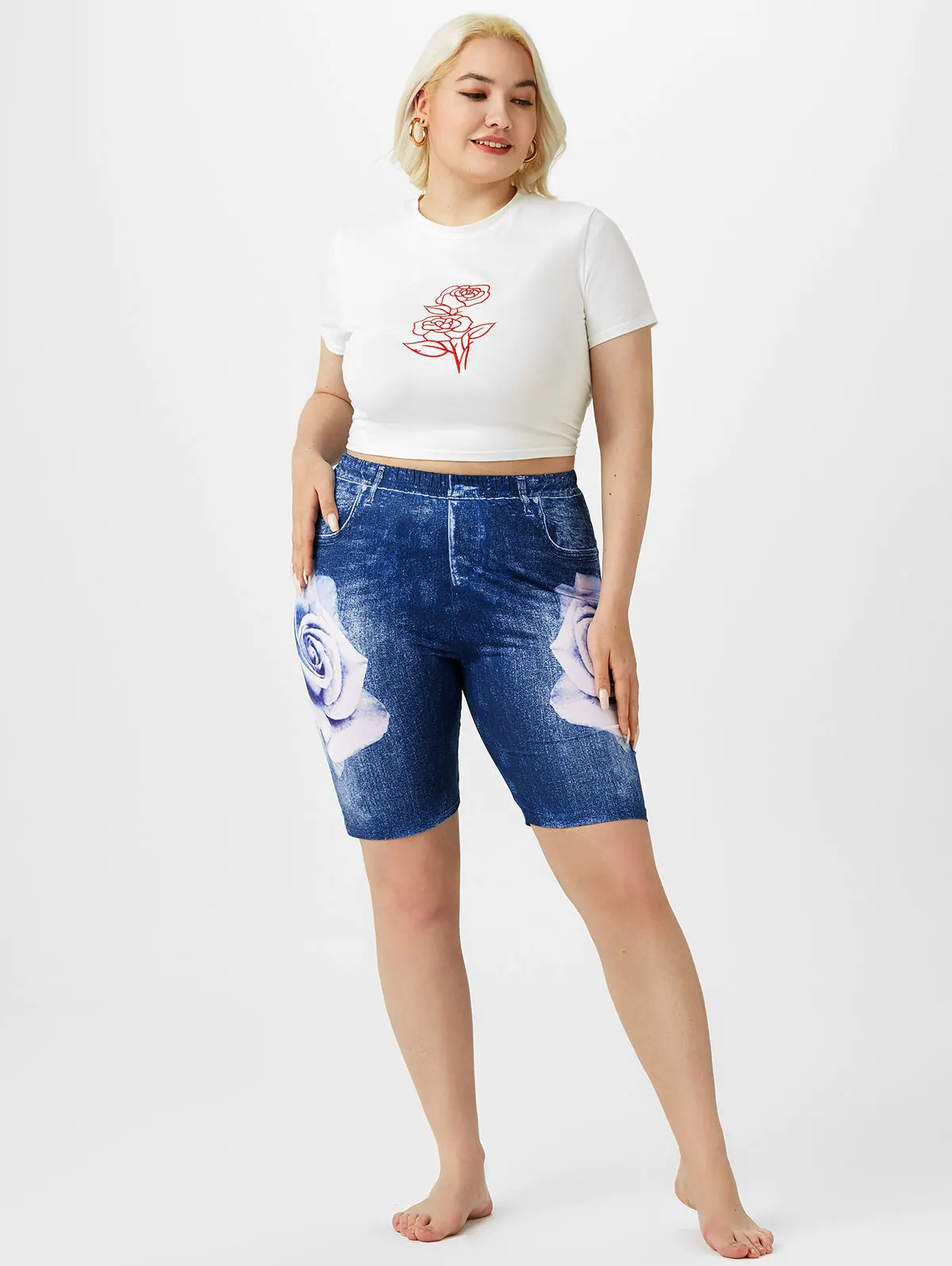 

Rosegal Printed Cycling Shorts High Stretch Rose 3D Print Plus Size Biker Shorts Women