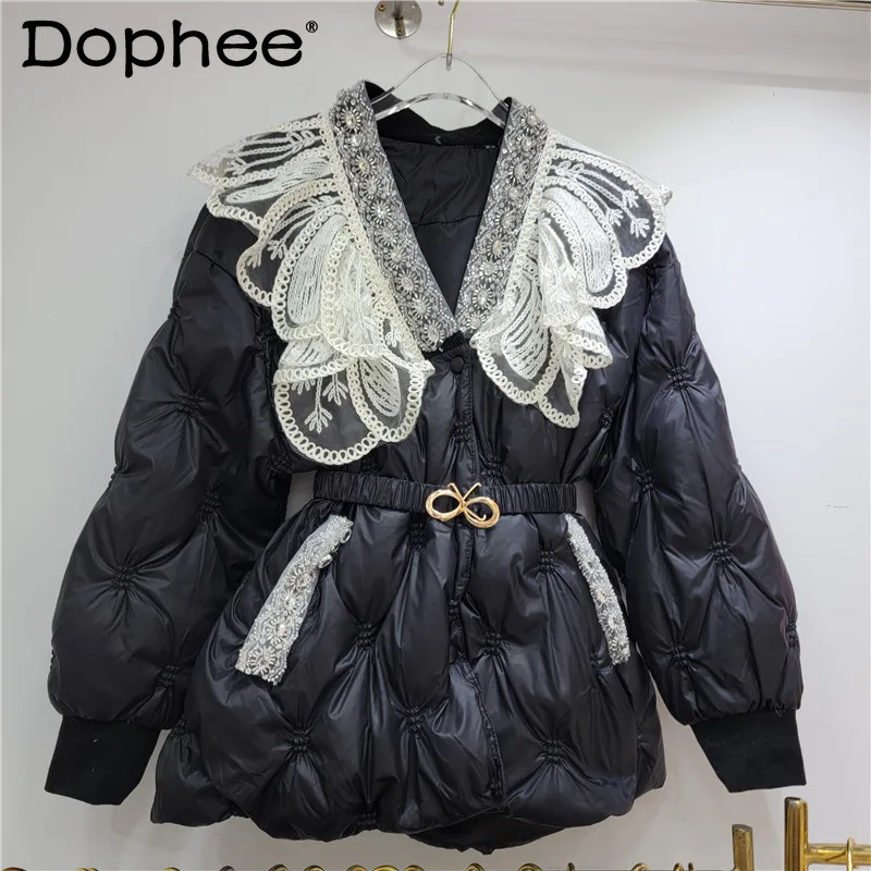 

French Style Heavy Industry Beads Lace Peter Pan Collar Down Jacket Women 2023 Winter New Light Luxury White V-neck Coat Female