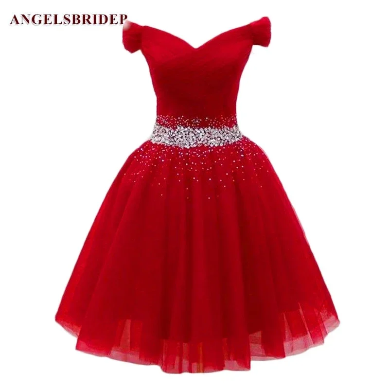 

Elegant Homecoming Dresses Beading Off The Shoulder Short Red Formal Party Dress A Line Tulle Vestido De Festa Graduation Gowns