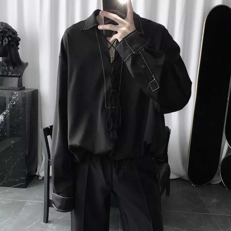 New2022 dark goth shirt men's Hong Kong style open line flow ear tie rope pullover trendy aesthetic elegant women street blo