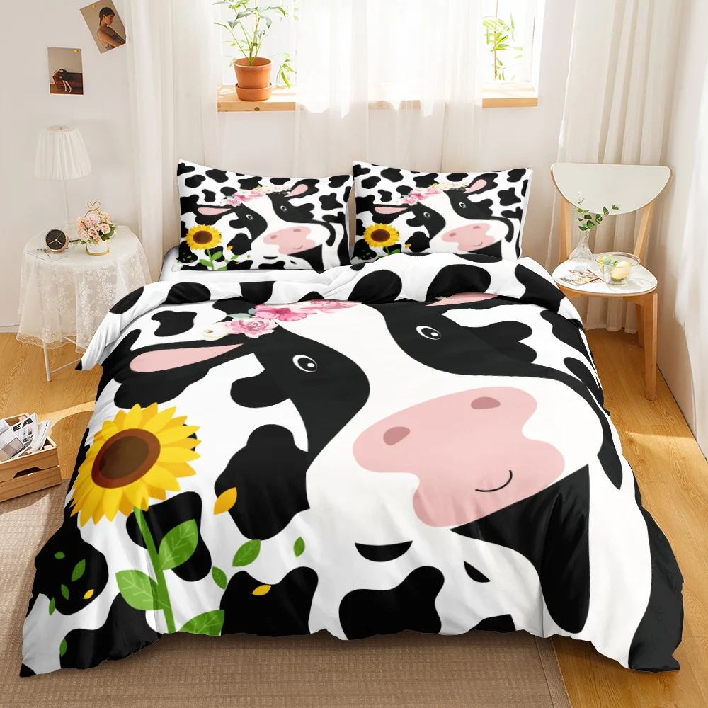 Cute Cow Print Duvet Cover Queen Kawaii Highland Cow Bedding Set King Comforter Cover Cartoon Farm Animals Polyester Duvet Cover