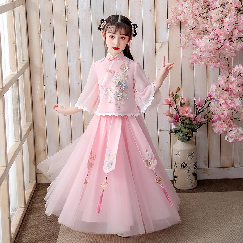 

Girls Horn Sleeve Laces Cotton Linen Tang Suit Kids Chinese Lovely Ancient Hanfu Children Embroidery Perform Costumes