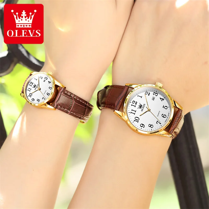 OLEVS Simple Lovers Watch Fashion Waterproof Leather Calendar Casual  Couple Quartz Watches for Men Women Elegant Clock Date