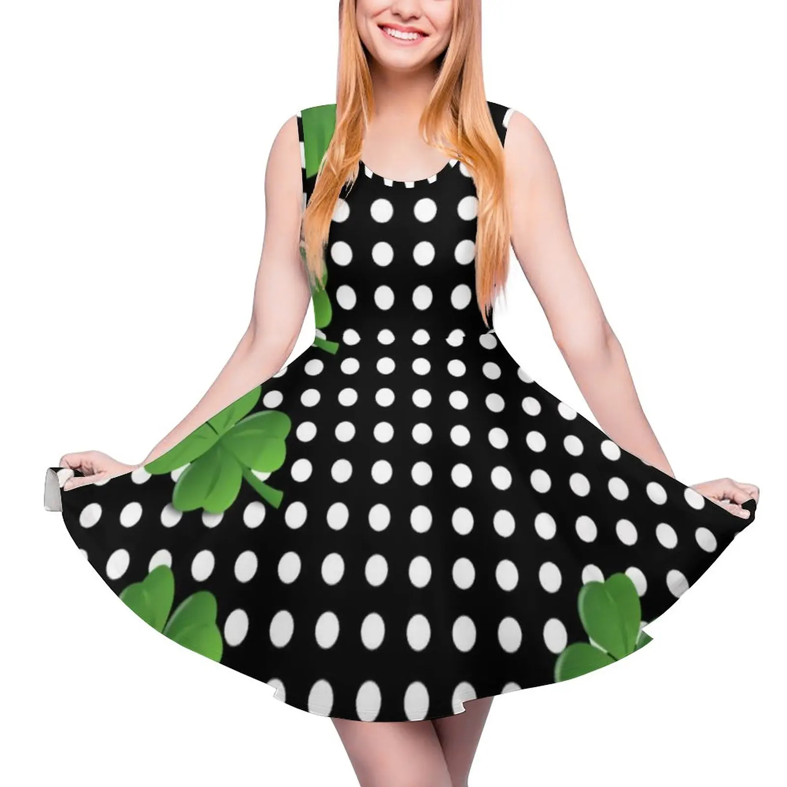 

Black White Polka Dot Dress St Patricks Day Irish Shamrocks Modern Dresses High Waist Casual Oversize Skate Dress Print Clothing