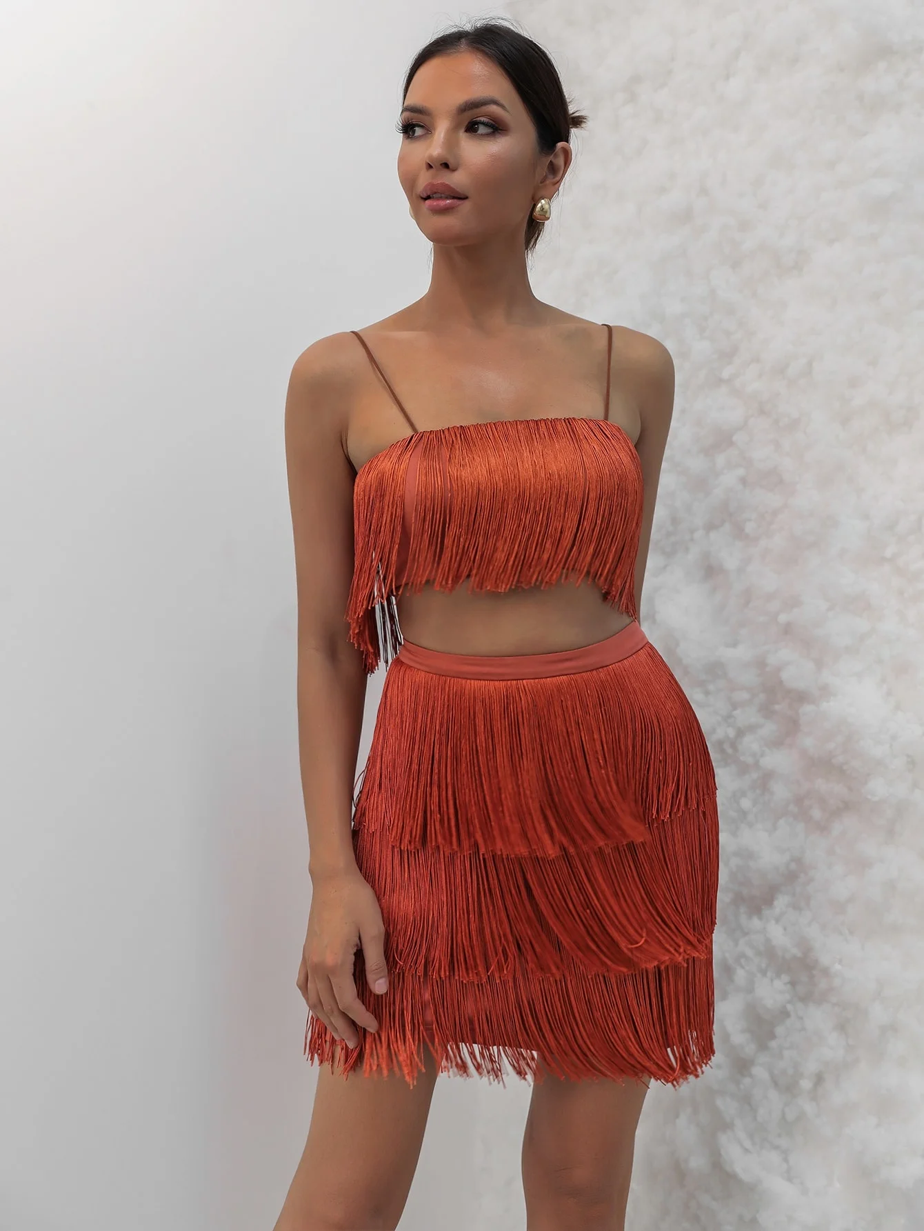 

EvaQueen Dress Fringe Trim Cami Top and Skirt Set
