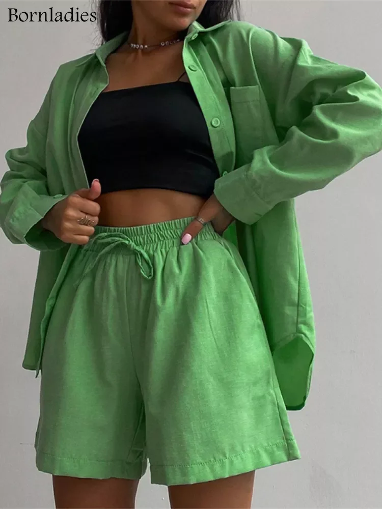 

Bornladies Stylish Cotton Casual Women Two Piece Short Sets Summer High Waist Green Shirt Suit Set Fashion 2 Pieces Sets 2022
