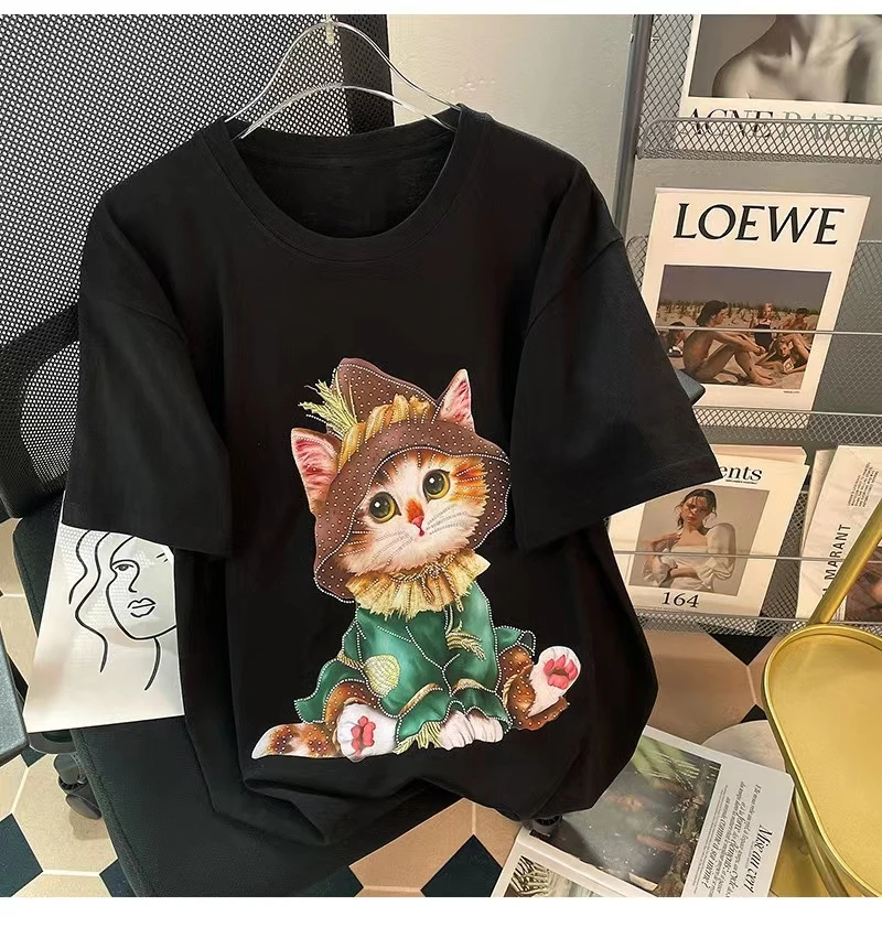 Роскошная Летняя женская футболка в стиле Харадзюку с бисером и бриллиантами