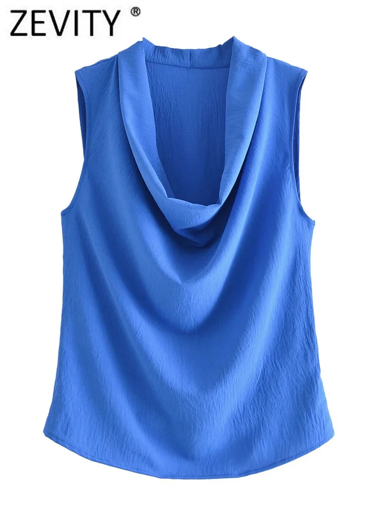 

Zevity Women Fashion Pleats Pile Collar Blue Smock Blouse Female Sleeveless Pullover Shirt Chic Blusas Tops LS326