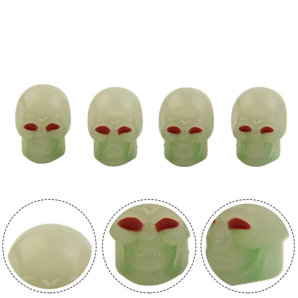 

4pc Skull Tire Valve Cap Luminous Car Wheel Prank Dust Cover Glow In The Dark Accessories High Quality Tire Luminous Valve Caps