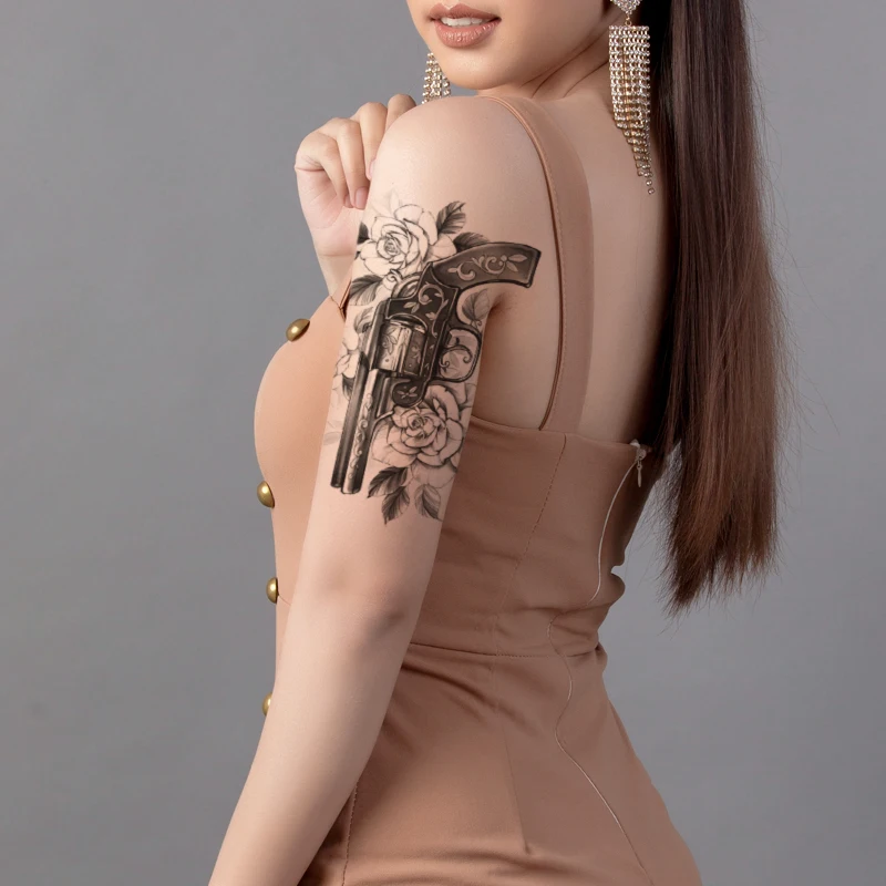

Black Gun Vine Pattern Tattoos Sticker for Men Women Arm Legs Art Waterproof Temporary Tattoos Fake Rose Flowers Leaves Tatoos