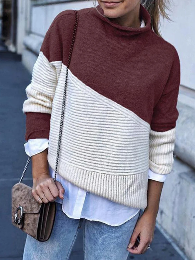 

2022 New Arrival Patchwork Turtleneck Pullover Women Knitwear Autumn Winter Sweaters And Pullovers Casual Knitted Jumper