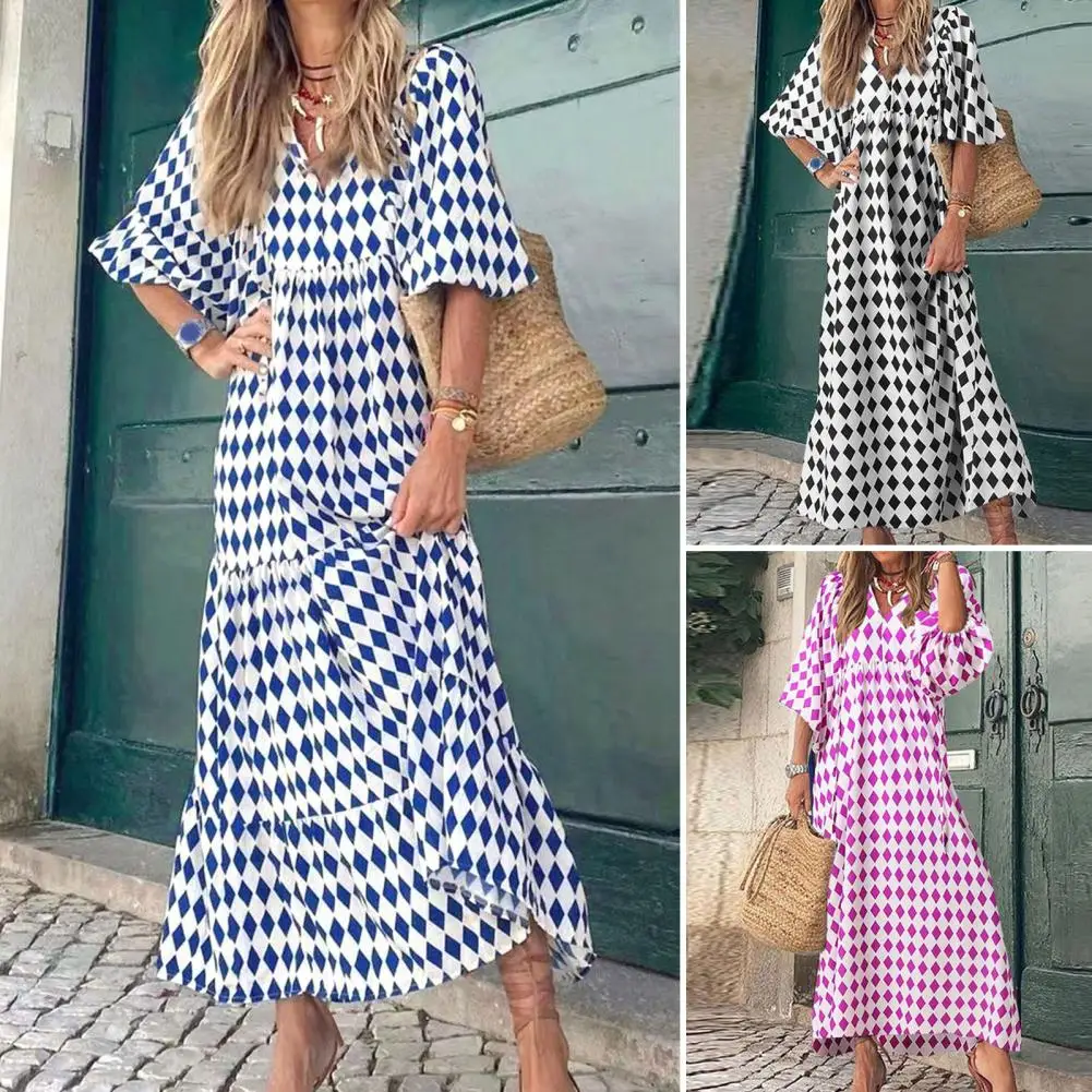 

V-neck High Waist Splicing Big Hem Maxi Dress Bohemia Geometry Rhombus Print 3/4 Lantern Sleeve Baggy Dress Streetwear