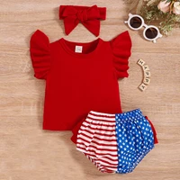 newborn infant girls clothes sets fly sleeve independence day t shirt topsstars striped printed shortsheadbands 3 pcs outfits