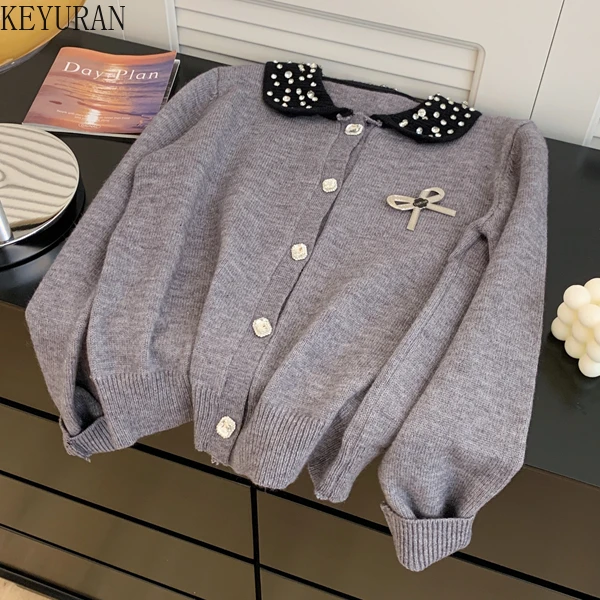 

Grey Crystal Diamonds Beading Knitted Cardigan Sweater Women Korean Streetwear Peter Pan Collar Long Sleeve Knitwear Tops Jumper
