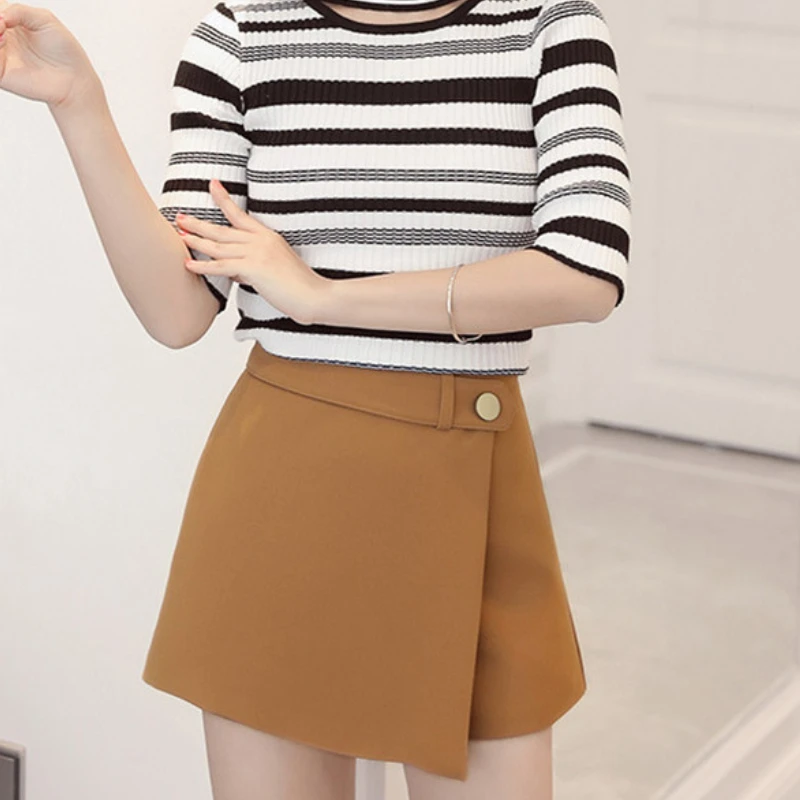 Summer Women Elegant Irregular Wide Leg Patchwork Shorts High Waist Casual Slim Cotton Oversized Solid Shorts Skirts For Female