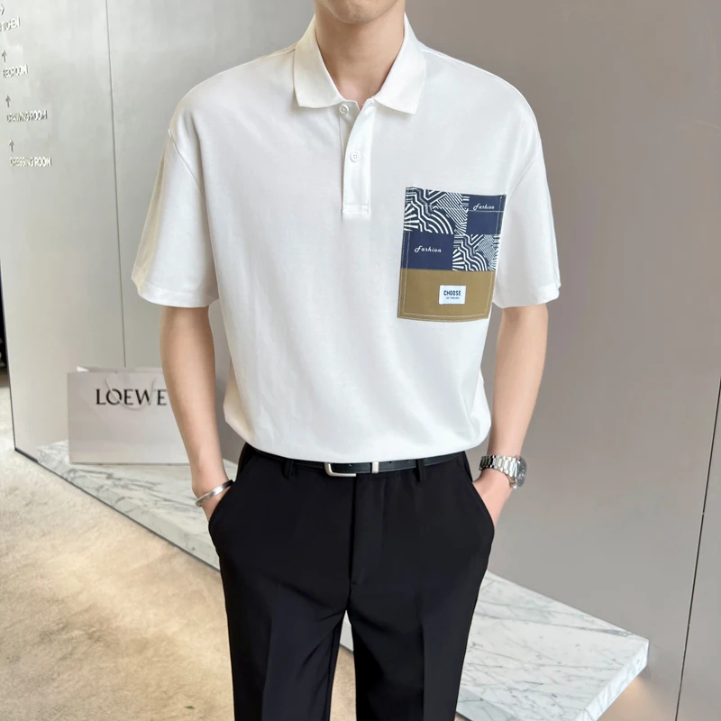

2022 Patch Pockets Polo Shirts Men Summer Short Sleeve Business Social Polos Casual Korean Streetwear Oversized Lapel Tee Tops