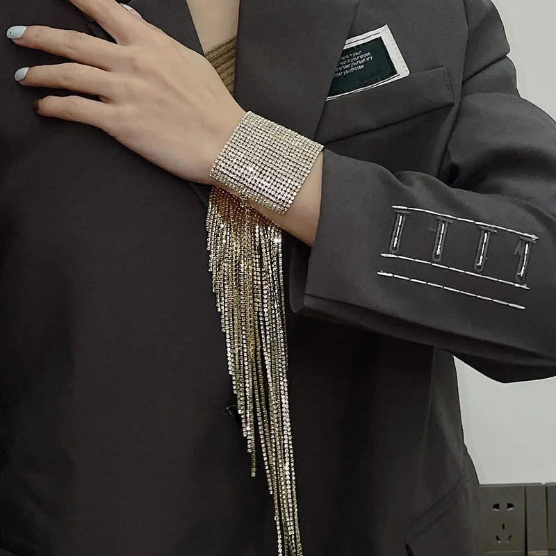 

Большой блестящий широкий браслет с бахромой gselling, длинная цепочка, женская мода, ювелирные украшения на запястье для вечерние