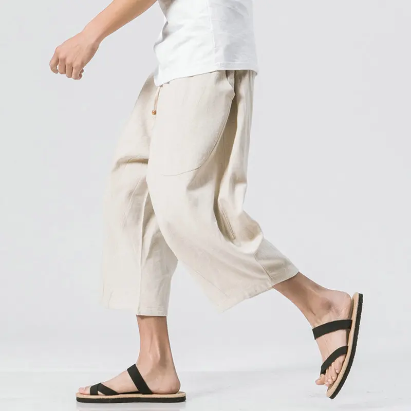 

Chinese Style Summer Men Linen Pants 2022 Men Wide Leg Trousers Male Drop Crotch HipHop Man Joggers Calf-Length Pants Track Pant