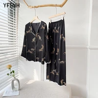 yftnh women sleepwear sets v neck satin silk soft animals printing long sleeve tops shirt and night pants pajama outfits suits